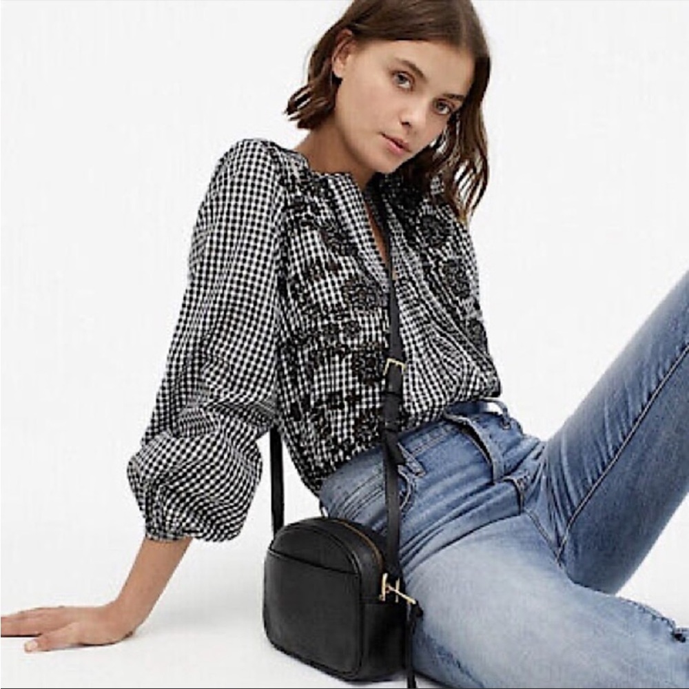 ! J. Crew Gingham Embroidered Eyelet Popover Blouse Black M